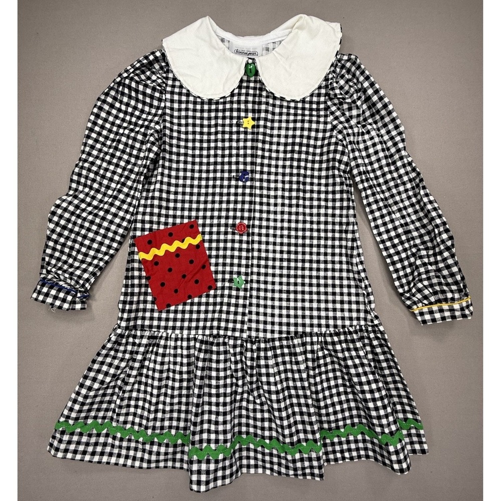 Vintage Bonnie Jean Dress Girls 6x Black‎ White Gingham Check USA Cotton Ric Rac